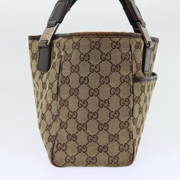 GUCCI GG Canvas Web Sherry Line Hand Bag Canvas Leather Beige Green Auth 53681 - Picture 3 of 16